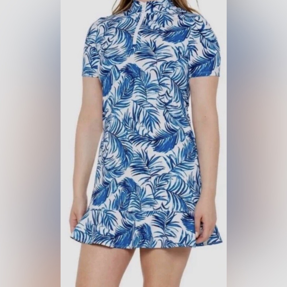 Tommy Bahama Golf Dress Sea Palms Tropical Leaf Print Blue/White Size Large